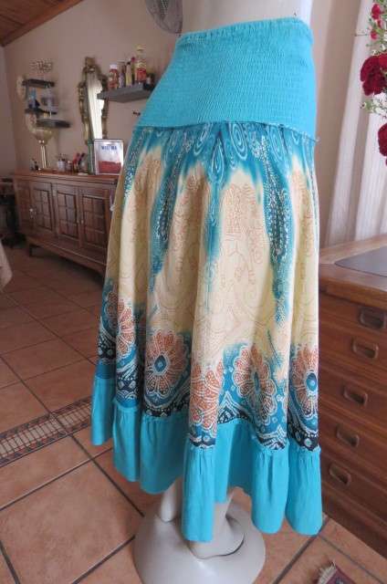 Bohemian style wide elasticated yoke skirt with cream/turquoise border size 34/10 by Meiling`.As new