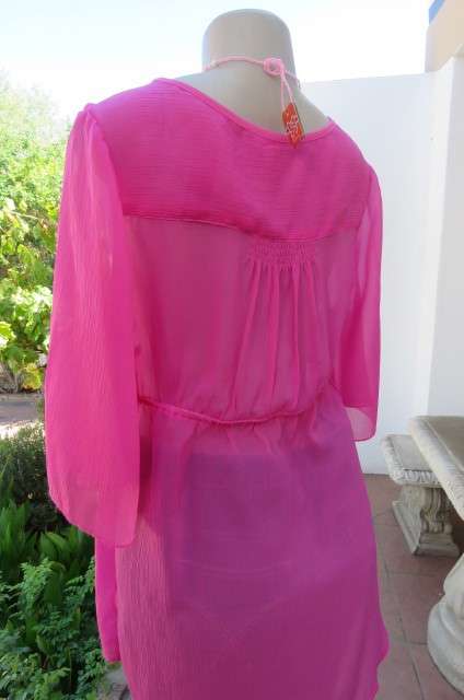 Beautiful long sheer polyester hot pink top  with bell sleeves. Size 40/16 by FU. Tiestring in waist
