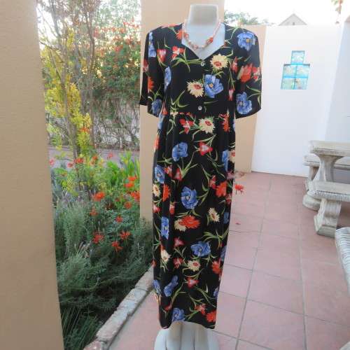 Cheerful 90's black viscose empire style dress with blue,orange and yellow flowers. size 42/18.