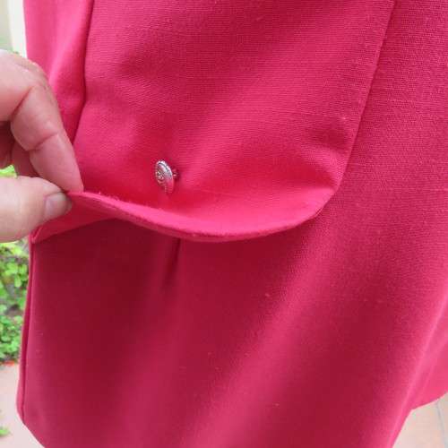 Elegant candy red short sleeve summer jacket. Collarless. Size 40/16 by `Merien Hall`. As new.