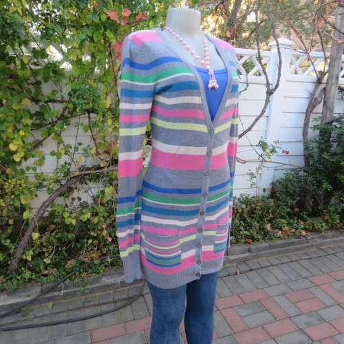 Extra long horizontal colour striped button down cardigan with low V. Size 32 to 34 by ATMOSPHERE.