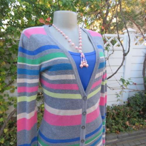 Extra long horizontal colour striped button down cardigan with low V. Size 32 to 34 by ATMOSPHERE.