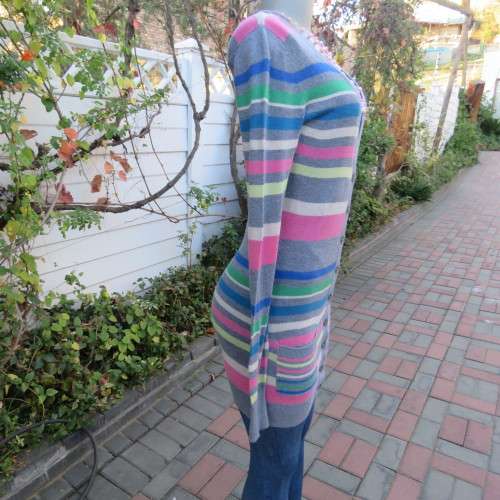 Extra long horizontal colour striped button down cardigan with low V. Size 32 to 34 by ATMOSPHERE.
