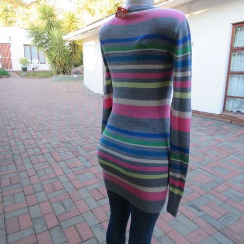 Extra long horizontal colour striped button down cardigan with low V. Size 32 to 34 by ATMOSPHERE.