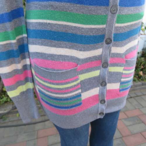Extra long horizontal colour striped button down cardigan with low V. Size 32 to 34 by ATMOSPHERE.