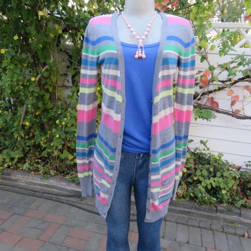 Extra long horizontal colour striped button down cardigan with low V. Size 32 to 34 by ATMOSPHERE.