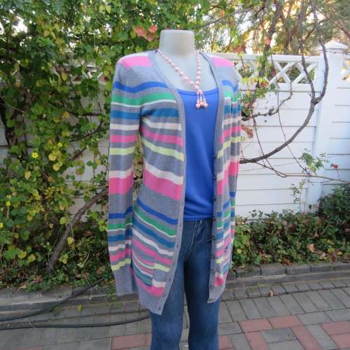 Extra long horizontal colour striped button down cardigan with low V. Size 32 to 34 by ATMOSPHERE.