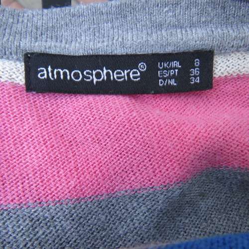 Extra long horizontal colour striped button down cardigan with low V. Size 32 to 34 by ATMOSPHERE.