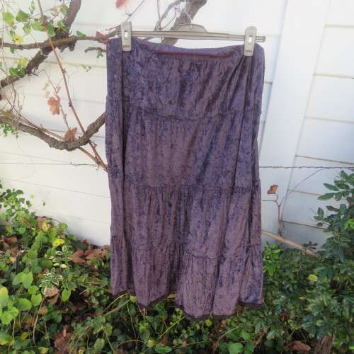 Glamorous dark mulberry colour tiered stretch velvet skirt size 40/16 by 'FOSHINI EXPRESS'. As new.