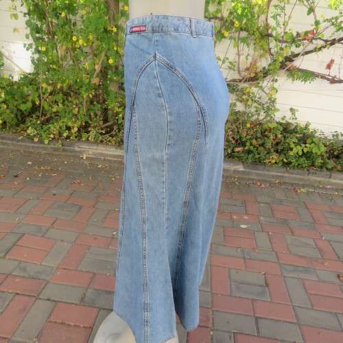 Up style size 32/8 blue denim high waisted A-line paneled skirt by `HANG TEN`. Very good condition.