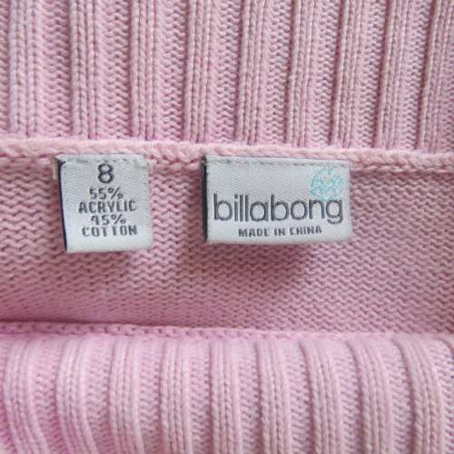 BILLABONG long raglan sleeve sweater in pale pink with logo in size 32/8 In acrylic and cotton blend