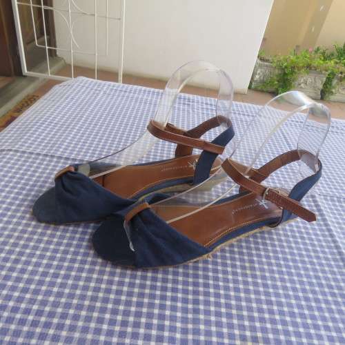 Pair of blue denim sandals with tan colour straps. Sisal low heels by ATMOSPHERE in size 5.