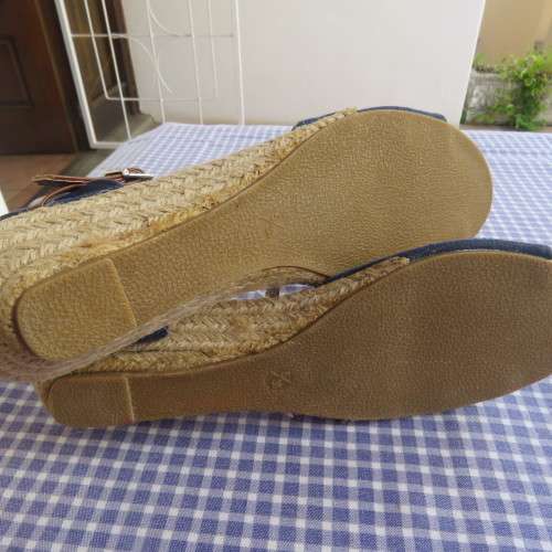 Pair of blue denim sandals with tan colour straps. Sisal low heels by ATMOSPHERE in size 5.