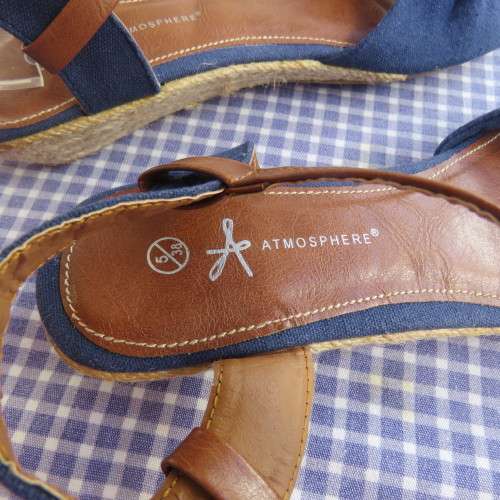 Pair of blue denim sandals with tan colour straps. Sisal low heels by ATMOSPHERE in size 5.