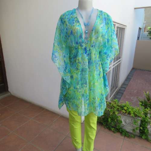 Cheerful sheer polyester long loose top in greens and blue tasteful patterns. Size 40/16. As new