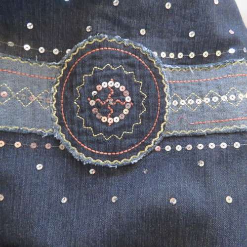 TRUWORTHS Glamour blue denim maxi paneled kick out skirt in size 42/18.Embellished front.As new