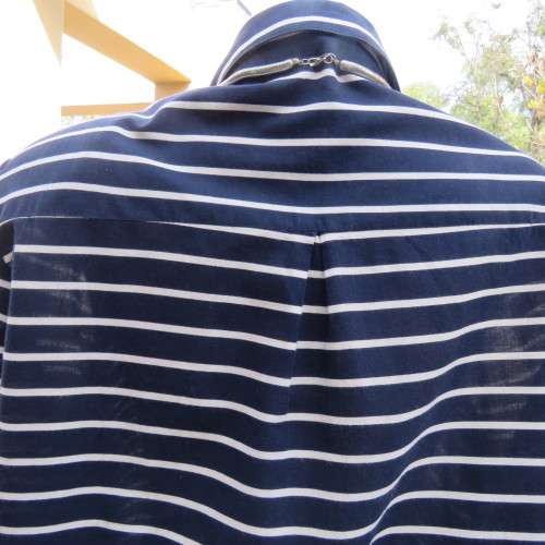 Casual navy and white horizontal striped button down top by RENE TAYLOR size 42/18. Good cond.