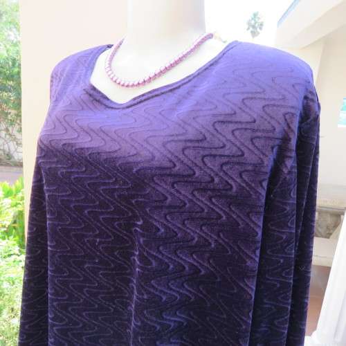 Dark purple loose hanging long sleeve polyester velvet top by DONNA CLAIRE size 48/24.