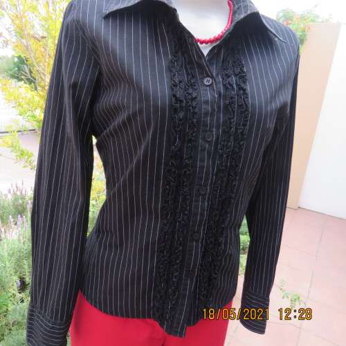 Black polycotton long sleeve shirt with white stripes, Frilled button down front.Size38/14