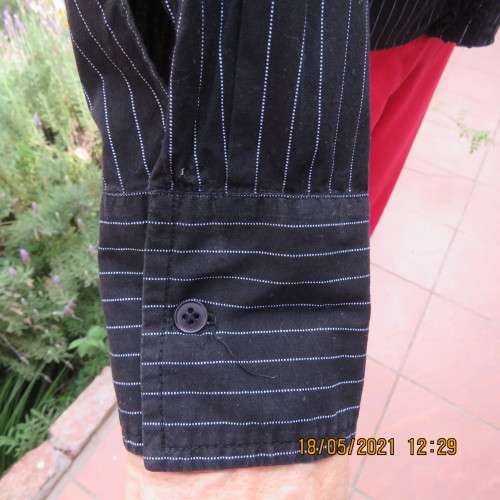 Black polycotton long sleeve shirt with white stripes, Frilled button down front.Size38/14