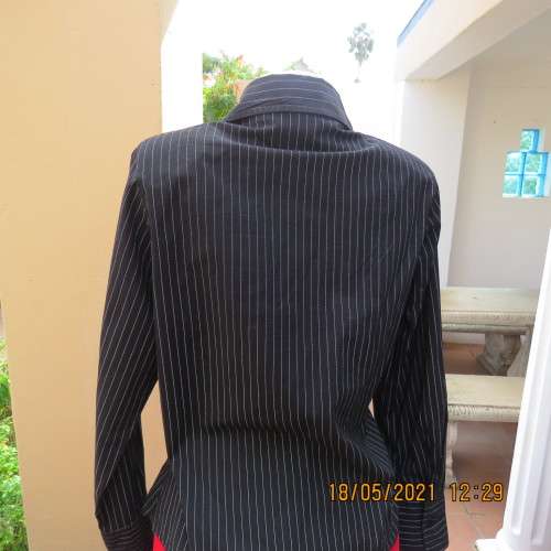 Black polycotton long sleeve shirt with white stripes, Frilled button down front.Size38/14