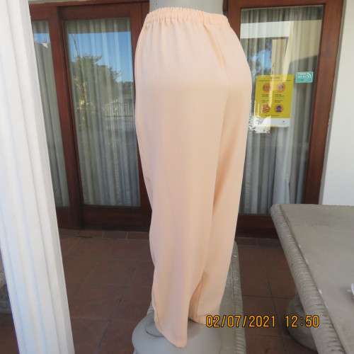 Fresh,easy to wear peach colour pants with tapered legs in 100% crepe polyester. Size 42 to 44
