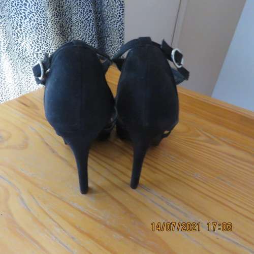 Pair of smart black suede strappy pumps with ankle straps. Size 5 by FASHION EXPRESS glamour.As new.