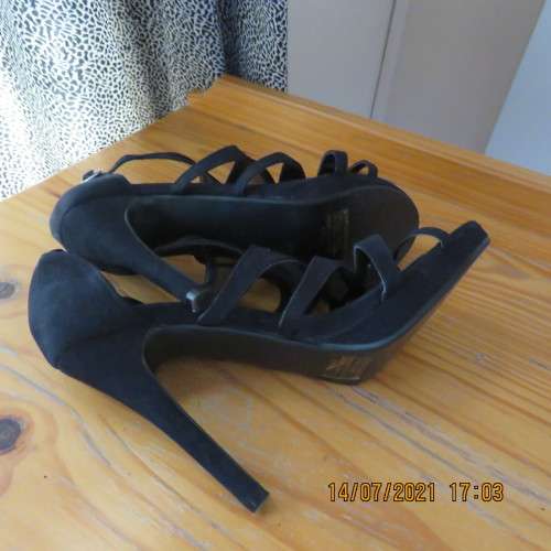 Pair of smart black suede strappy pumps with ankle straps. Size 5 by FASHION EXPRESS glamour.As new.