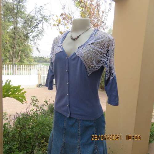 Dainty cobalt blue polycotton knit button down top.Cotton lace yokes and shoulders.Size 36/12