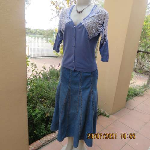 Dainty cobalt blue polycotton knit button down top.Cotton lace yokes and shoulders.Size 36/12