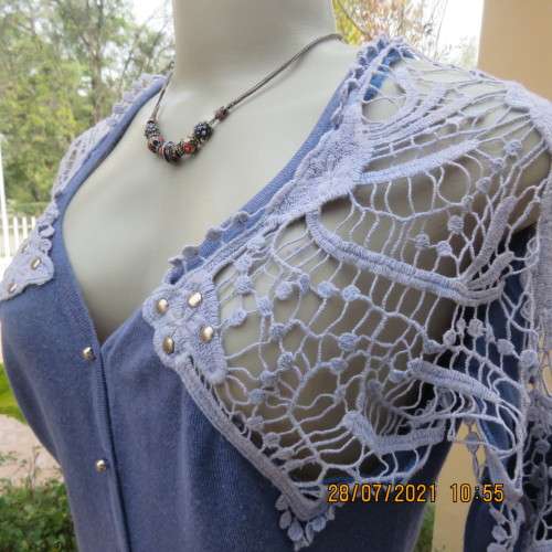 Dainty cobalt blue polycotton knit button down top.Cotton lace yokes and shoulders.Size 36/12