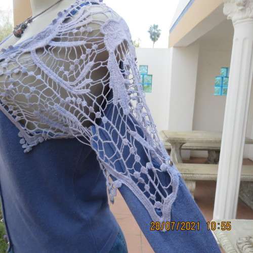 Dainty cobalt blue polycotton knit button down top.Cotton lace yokes and shoulders.Size 36/12