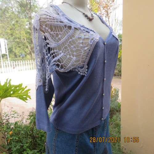 Dainty cobalt blue polycotton knit button down top.Cotton lace yokes and shoulders.Size 36/12