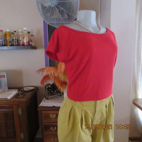 Cute litte red cropped ribbed stretch polyester top. By FASHION EXPRESS in size 38/14. New condition