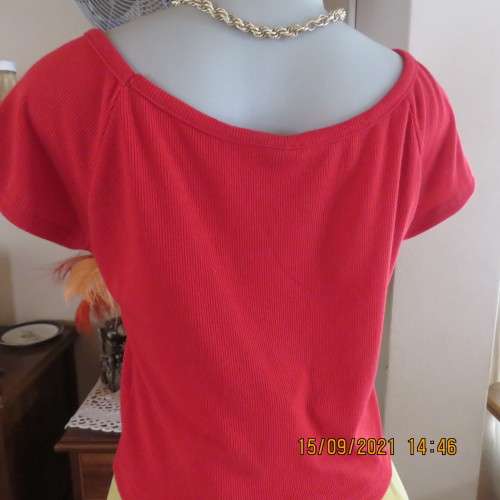 Cute litte red cropped ribbed stretch polyester top. By FASHION EXPRESS in size 38/14. New condition