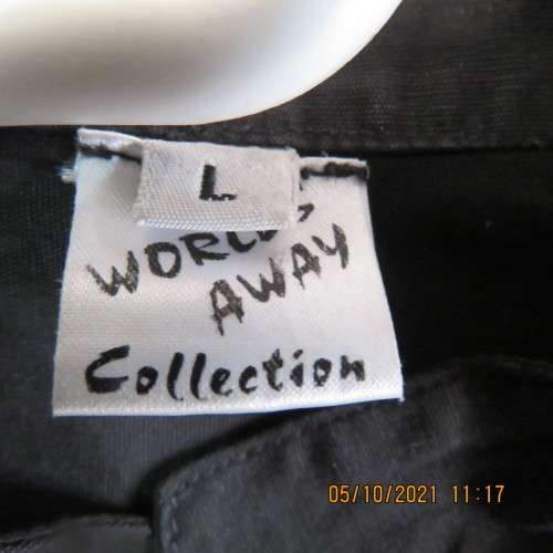 Black heavy cotton men`s long sleeve modern shirt with banded chinese collar.Size L by WORLDS AWAY