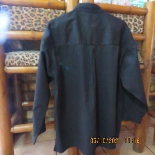 Black heavy cotton men`s long sleeve modern shirt with banded chinese collar.Size L by WORLDS AWAY