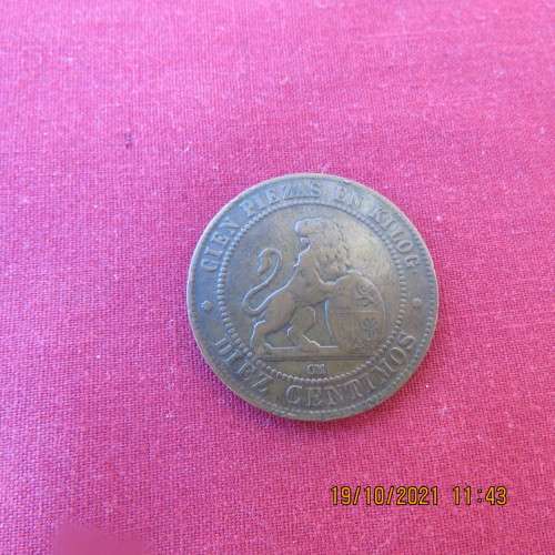 Spain 1870 OM 10 Centinos Diez Gamos Copper coin EF condition.