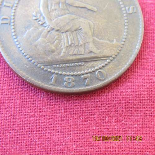 Spain 1870 OM 10 Centinos Diez Gamos Copper coin EF condition.