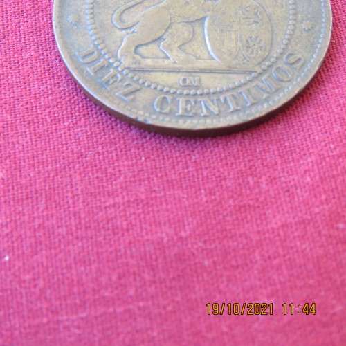 Spain 1870 OM 10 Centinos Diez Gamos Copper coin EF condition.