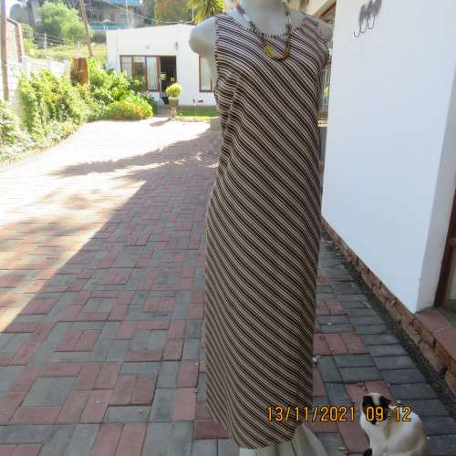 As new brown/beige diagonal striped sleeveless shift dress by WOOLWORTHS size 34/10.Slip over.