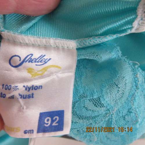 Feminine long aquamarine sexy 100% nylon nighty by SHELLEY size 36/12.Lace decoration.As new