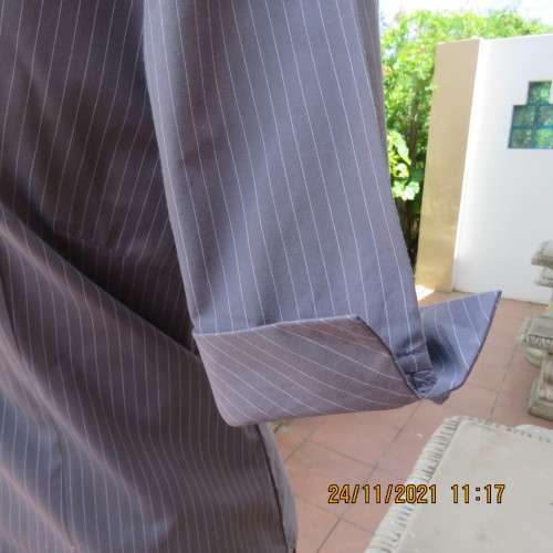 Classic elegant silvergrey button down short sleeve top with thin white stripes.Size 40/16 by BARRON