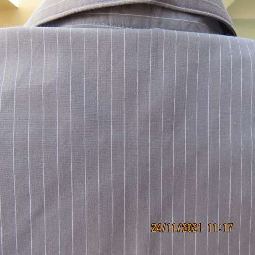 Classic elegant silvergrey button down short sleeve top with thin white stripes.Size 40/16 by BARRON