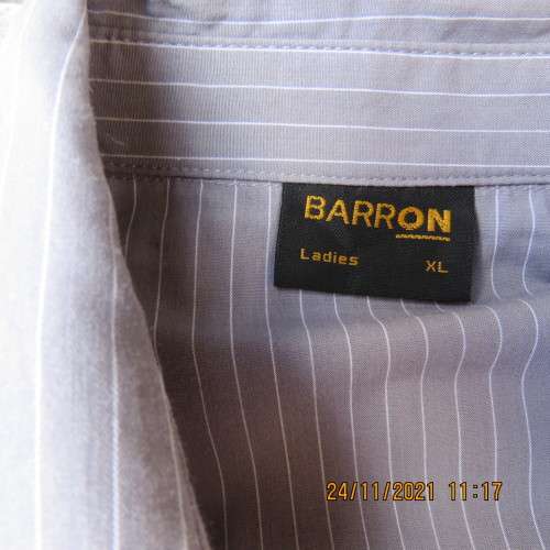 Classic elegant silvergrey button down short sleeve top with thin white stripes.Size 40/16 by BARRON