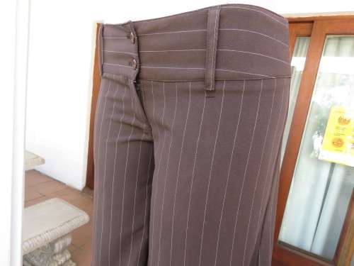 Choc brown wide legged skirt pants calf length with thin white vertical stripes.Zip on front.Size 32