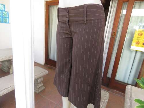 Choc brown wide legged skirt pants calf length with thin white vertical stripes.Zip on front.Size 32