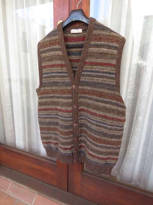 Handsome as new men`s acrylic knit sleeveless cardigan in brown and dark colours pattern lines.XL