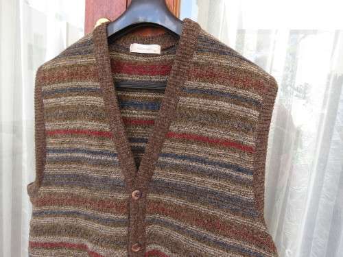 Handsome as new men`s acrylic knit sleeveless cardigan in brown and dark colours pattern lines.XL