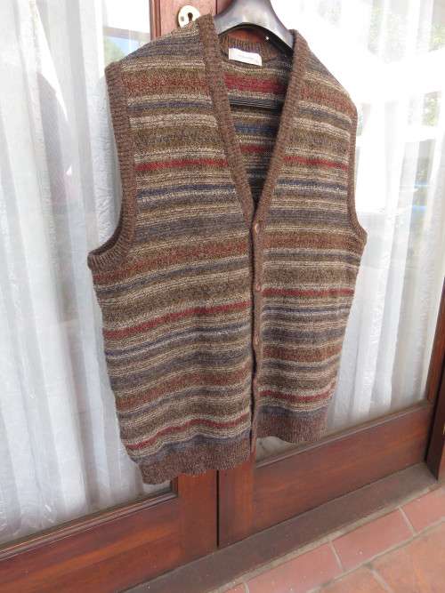 Handsome as new men`s acrylic knit sleeveless cardigan in brown and dark colours pattern lines.XL